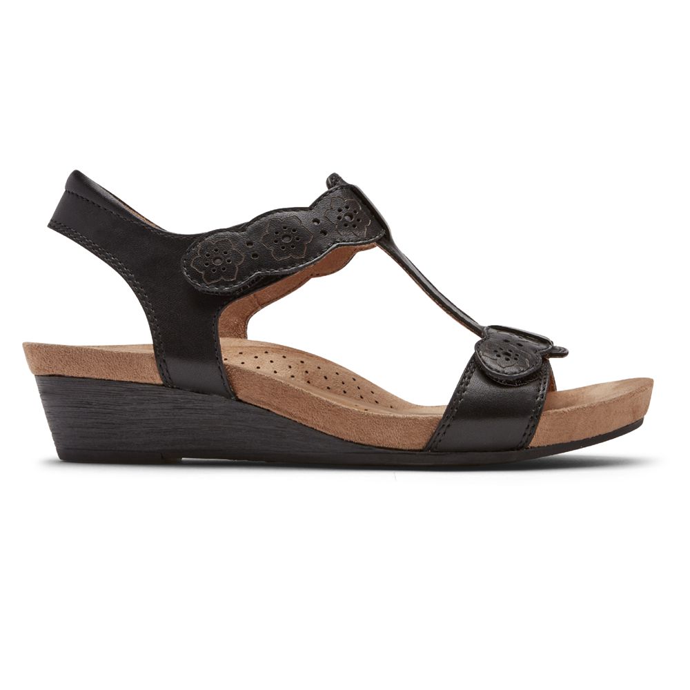 Rockport Canada Cobb Hill Hollywood T-Strap - Womens Wedges Sandals Black (QNY047915)